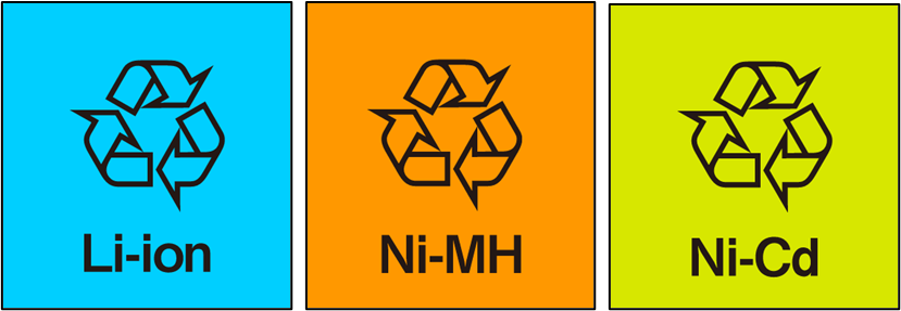 リチウムイオン電池、ニッケル水素電池、ニカド電池マーク