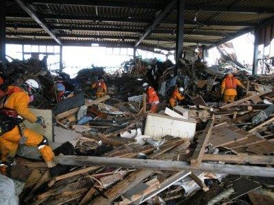瓦礫の中で人命検索を行っている様子の画像
